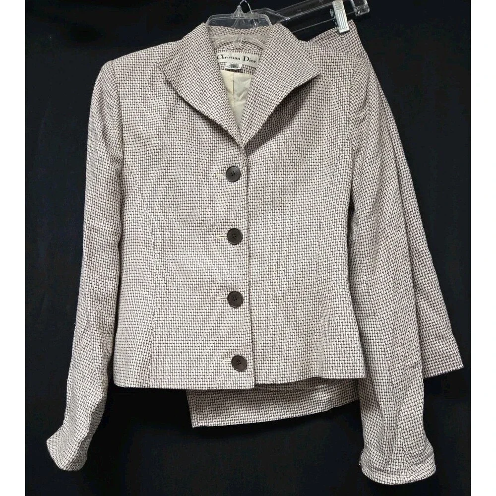 Christian Dior Skirt Suit Cream Black Print Blazer Sz 6 Skirt Sz 4 Vintage